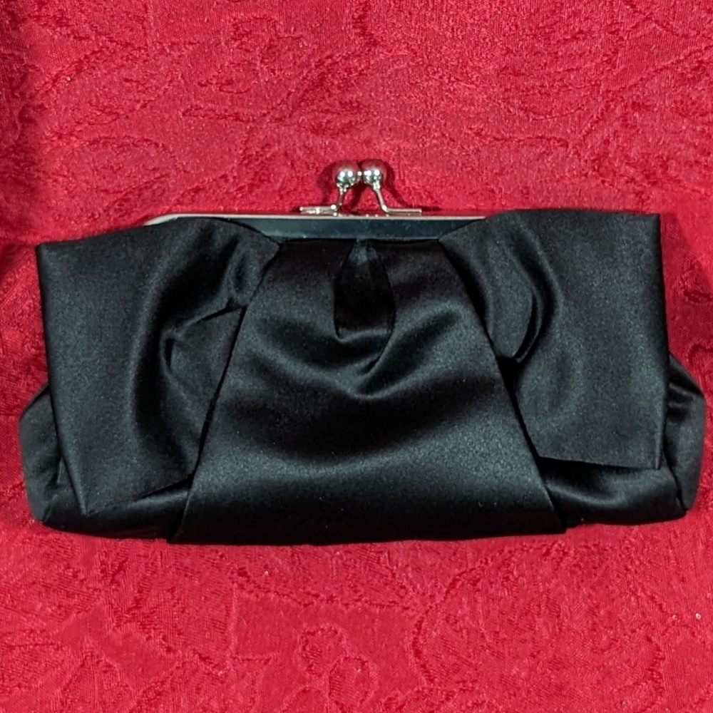 Black satin-like bow evening bag